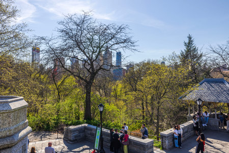 Scenic top view of observation deck at Belvedere Castle in Central Park, New York City, where...