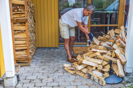 Close-up view of a man gathering birch logs from a pile to stack in a woodpile in the yard of his villa. Sweden.の写真素材