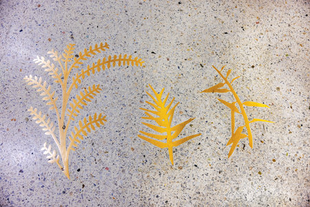 Golden leaf designs on terrazzo floor in public area of Miami airport.の写真素材