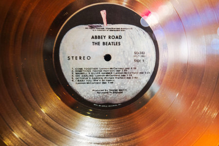 Abbey Road vinyl record by The Beatles displayed in Hard Rock Cafe, Times Square, Manhattan. New York. USA.のeditorial素材