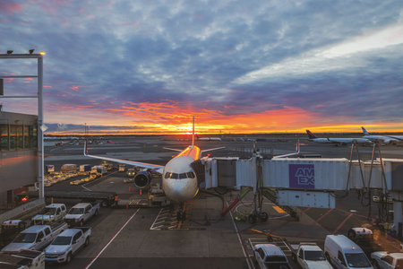Delta Airlines aircraft at Newark Liberty International Airport terminal during sunrise with ground services. New Jersey, USA.のeditorial素材