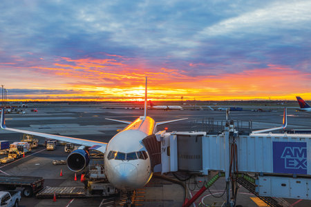 Delta Airlines airplane parked at gate during vibrant sunrise at Newark Liberty International Airport with jet bridge connected. New Jersey, USA.のeditorial素材