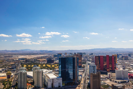 Panoramic view of Las Vegas skyline with modern hotels-casino urban architecture, mountains and clear blue sky. Las Vegas. USA.のeditorial素材