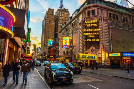 Shubert Theater exterior in New York City with bright marquee lights advertising the musical "Hell's Kitchen" by Alicia Keys. New York. USAのeditorial素材