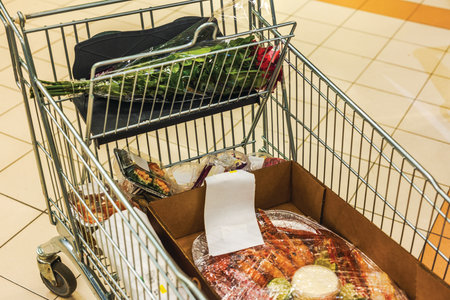 Shopping cart with red roses, packed food, and cardboard box on tiled floor supermarket.の写真素材
