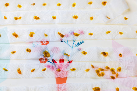 Tomato seeds drying on white paper towels with floral pattern after extraction for planting preparation.の写真素材