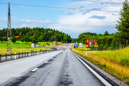 Straight asphalt highway surrounded by green fields, traffic signs and forest under partly cloudy sky.のeditorial素材
