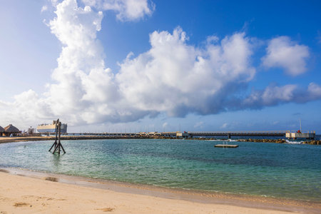 Sandy beach with turquoise water, long pier and docked cargo ship in distance under blue sky with clouds.の写真素材