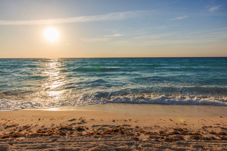 Sunny beach with turquoise waves under clear skyの写真素材