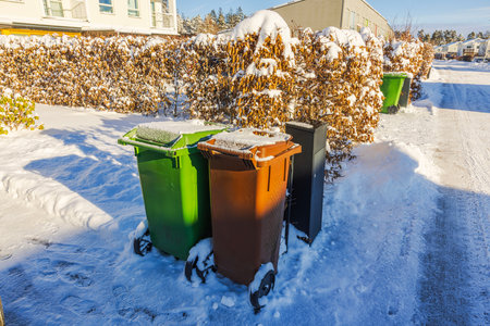 Frost-covered green and brown garbage bins standing on snowy driveway near residential hedge on bright winter morning. Sweden.の写真素材