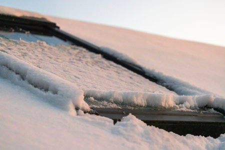 Snow-covered skylight window on villa roof with accumulated frost and melting snow in winter at...