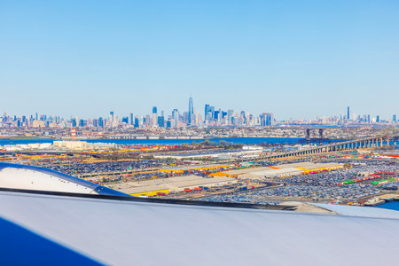 Aerial view of Manhattan skyline from an airplane departing from Newark Liberty International Airport on a clear day.の写真素材