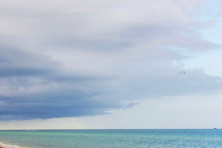 Dramatic sky over turquoise Atlantic Ocean in Miami Beach with storm clouds and seabirds in distance.の写真素材