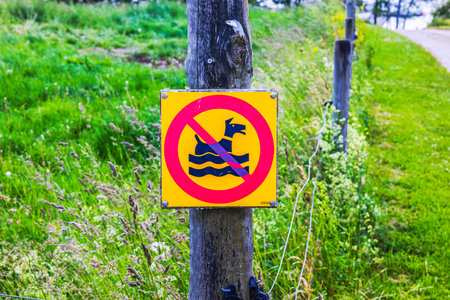 Close up of yellow no swimming sign for dogs near lake shore in countryside. Sweden.の写真素材
