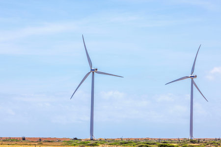 Close up view of two wind turbines in Arikok National Park Aruba producing renewable energy.