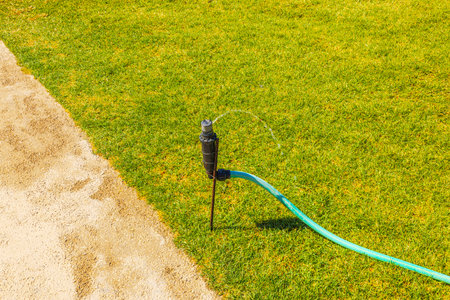 Close up view of garden sprinkler watering green lawn with hose connection in sunny outdoor background.の写真素材
