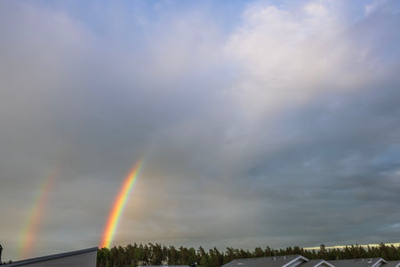 Beautiful view of double rainbow shining over rooftops villas and forest after summer rain shower. Sweden.の写真素材