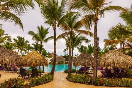 Wonderful view of resort pool with palm leaf umbrellas and tourists relaxing near water on background. Dominican Republic. Punta Cana.のeditorial素材