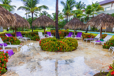Beautiful view of sun loungers under straw umbrellas after rain on wet stone terrace hotel background. Dominican Republic. Punta Cana.のeditorial素材
