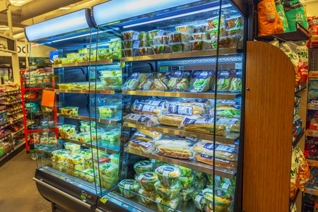 Close up view of refrigerated display case with fresh sandwiches and salads in CVS store. Miami Beach. USA.のeditorial素材
