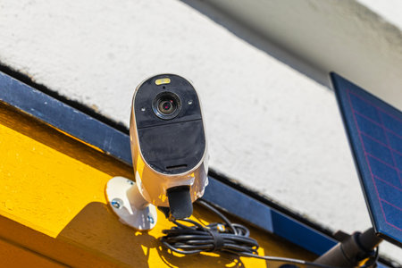 Close up view of outdoor security camera with solar panel installed on house wall. Sweden.