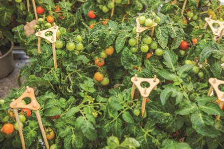 Close up view of cherry tomato plants with green and red fruits growing in pots supported by wooden holders in garden store. Sweden.のeditorial素材