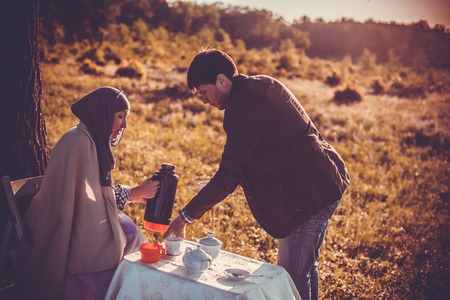 happy couple outdoorsの写真素材