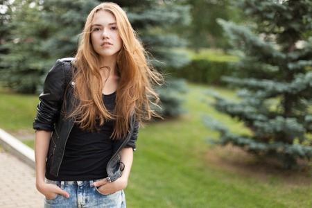 young woman on the streetの写真素材