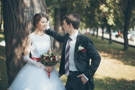 bride and groom in outdoor shotの写真素材