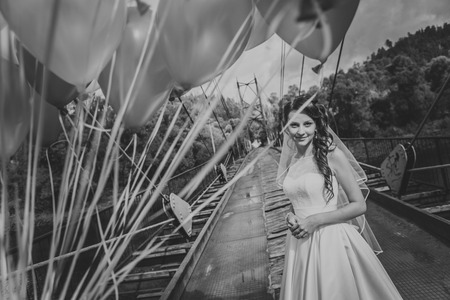 view bride standing on the bridge of the riverの写真素材