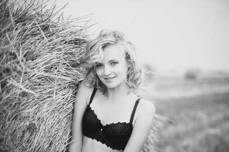 Blonde Beauty in Wheat Fieldの写真素材