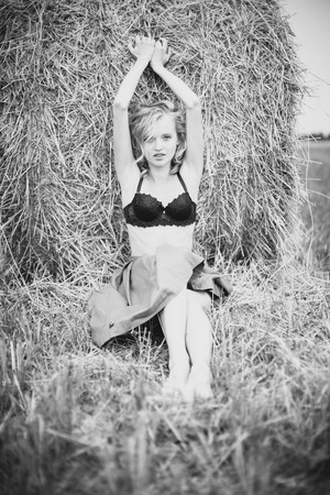 Portrait of Blonde Woman on Nature Backgroundの写真素材