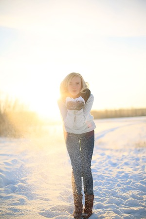 Young caucasian woman enjoy wintertimeの写真素材