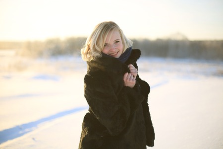 Young caucasian woman enjoy wintertimeの写真素材