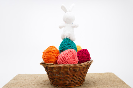Colorful decorated easter eggs from wool yarn. Happy Easter.の写真素材
