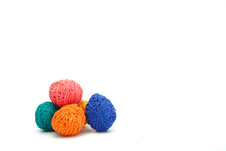 Colorful decorated easter eggs from wool yarn. Happy Easter.の写真素材