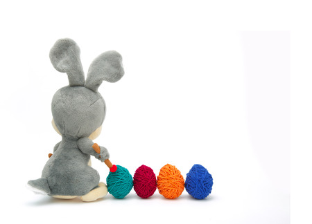 Colorful decorated easter eggs from wool yarn. Happy Easter.の写真素材