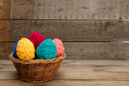 Colorful decorated easter eggs from wool yarn. Happy Easter.の写真素材