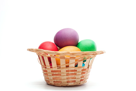 Colorful decorated easter eggs on white background. Happy Easter.の写真素材