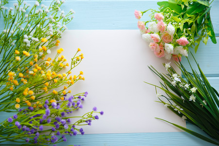 Spring Blossom flowers over clear wood background.の写真素材