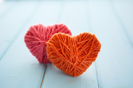 Red hearts on wood Valentine's day bannerの写真素材