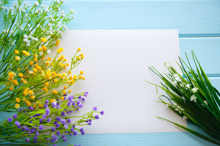 Spring Blossom flowers over clear wood background.の写真素材