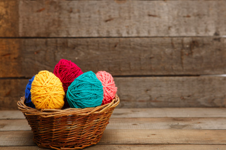 Colorful decorated easter eggs from wool yarn. Happy Easter.の写真素材