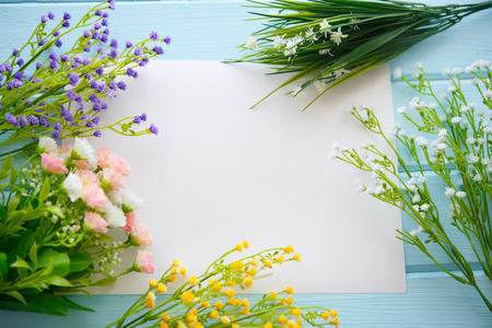 Spring Blossom flowers over clear wood background.の写真素材
