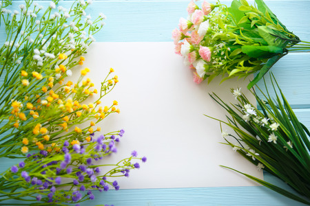 Spring Blossom flowers over clear wood background.の写真素材