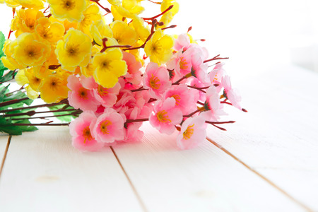 Spring Blossom flowers over clear wood background.の写真素材