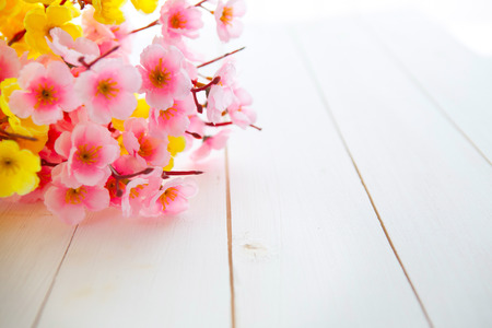 Spring Blossom flowers over clear wood background.の写真素材