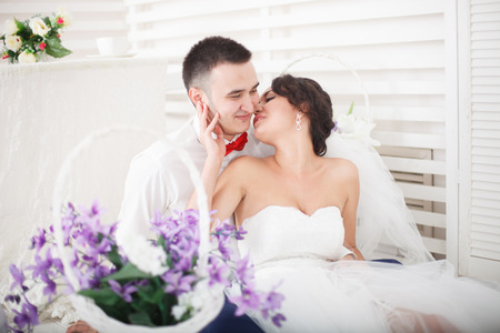 Newlywed couple together. Young groom and bride.の写真素材
