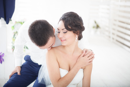 Beautiful young couple in wedding dayの写真素材