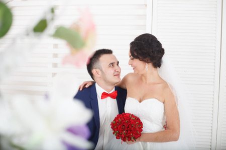Newlywed couple together. Young groom and bride.の写真素材